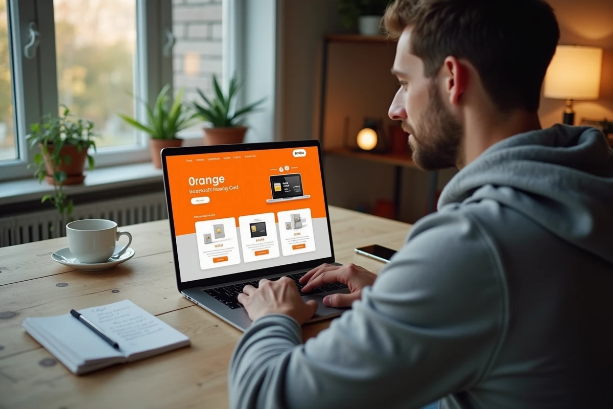 Homme comparant les prix d'une carte SIM Orange en ligne depuis son ordinateur à domicile