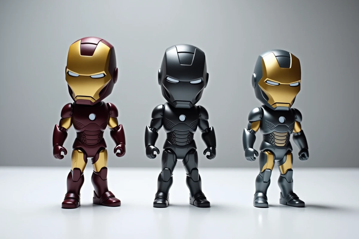 Comparaison de trois figurines Iron Man en PVC, résine et métal posées côte à côte sur fond blanc