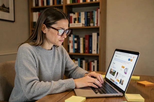 Femme comparant des produits sur un site e-commerce spécialisé face à une grande marketplace sur son ordinateur portable
