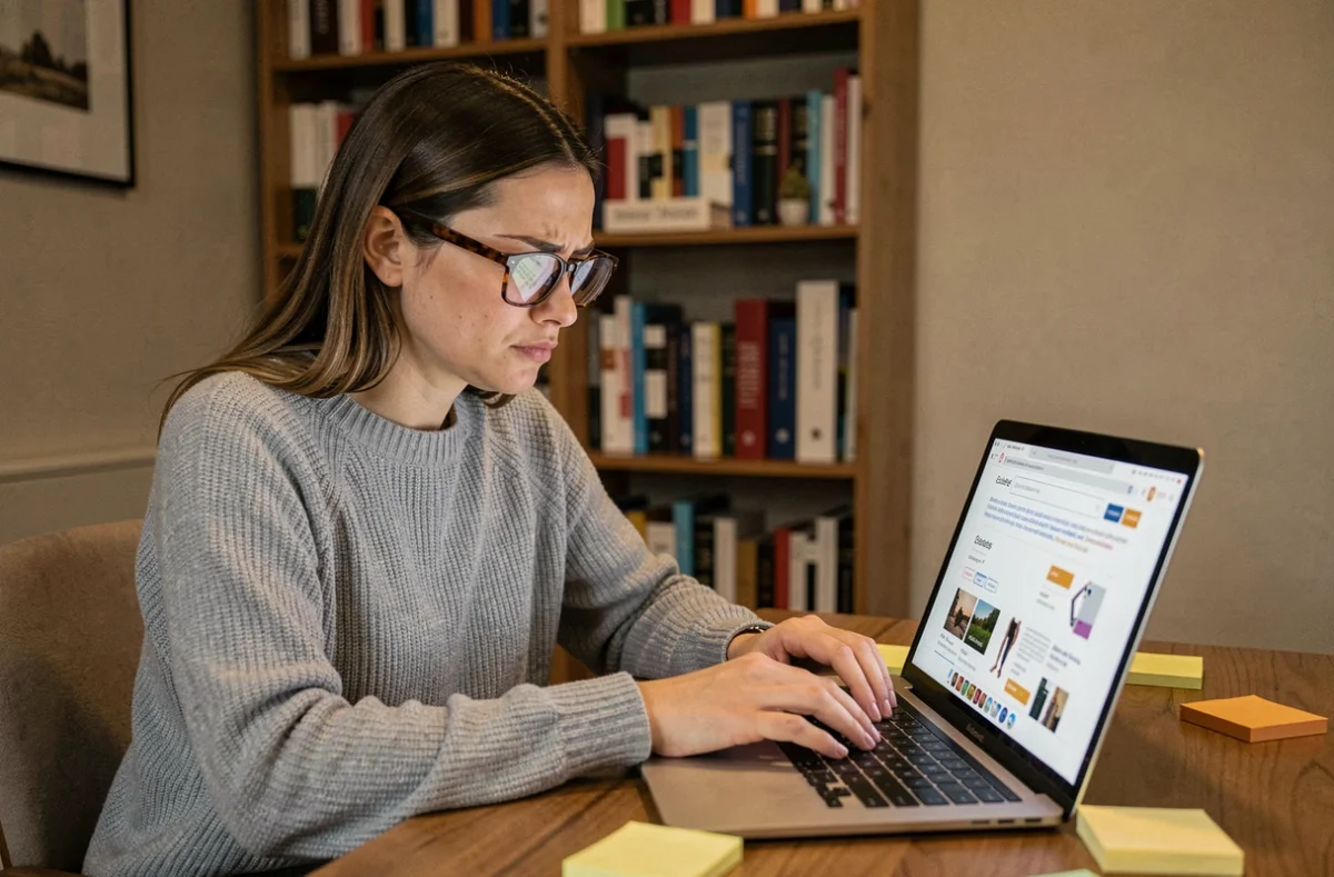 Femme comparant des produits sur un site e-commerce spécialisé face à une grande marketplace sur son ordinateur portable