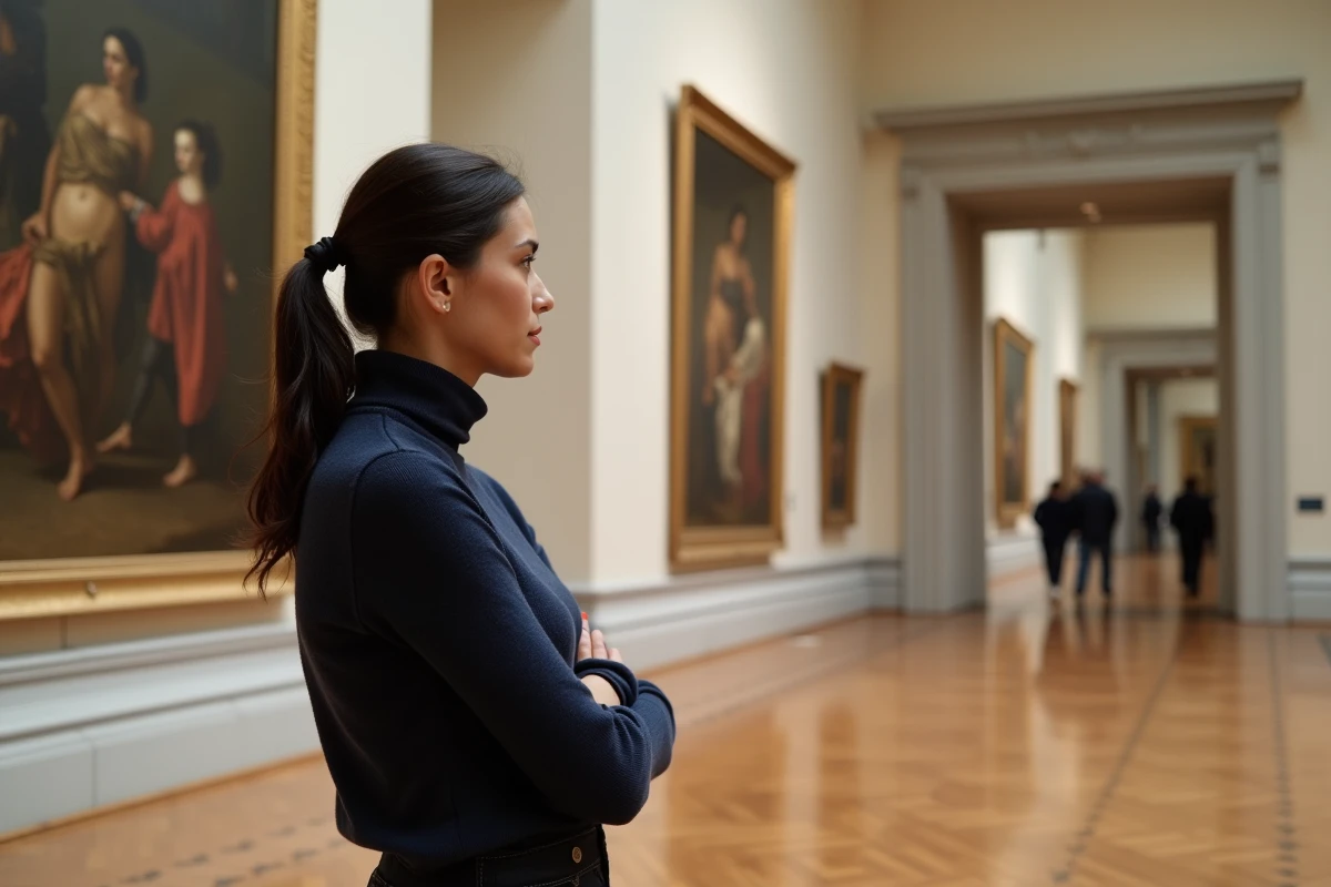 Femme contemplant une grande peinture célèbre dans une galerie de musée d'art classique