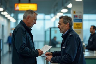 Voyageur présentant ses documents à un agent des douanes belges lors d'un contrôle frontalier