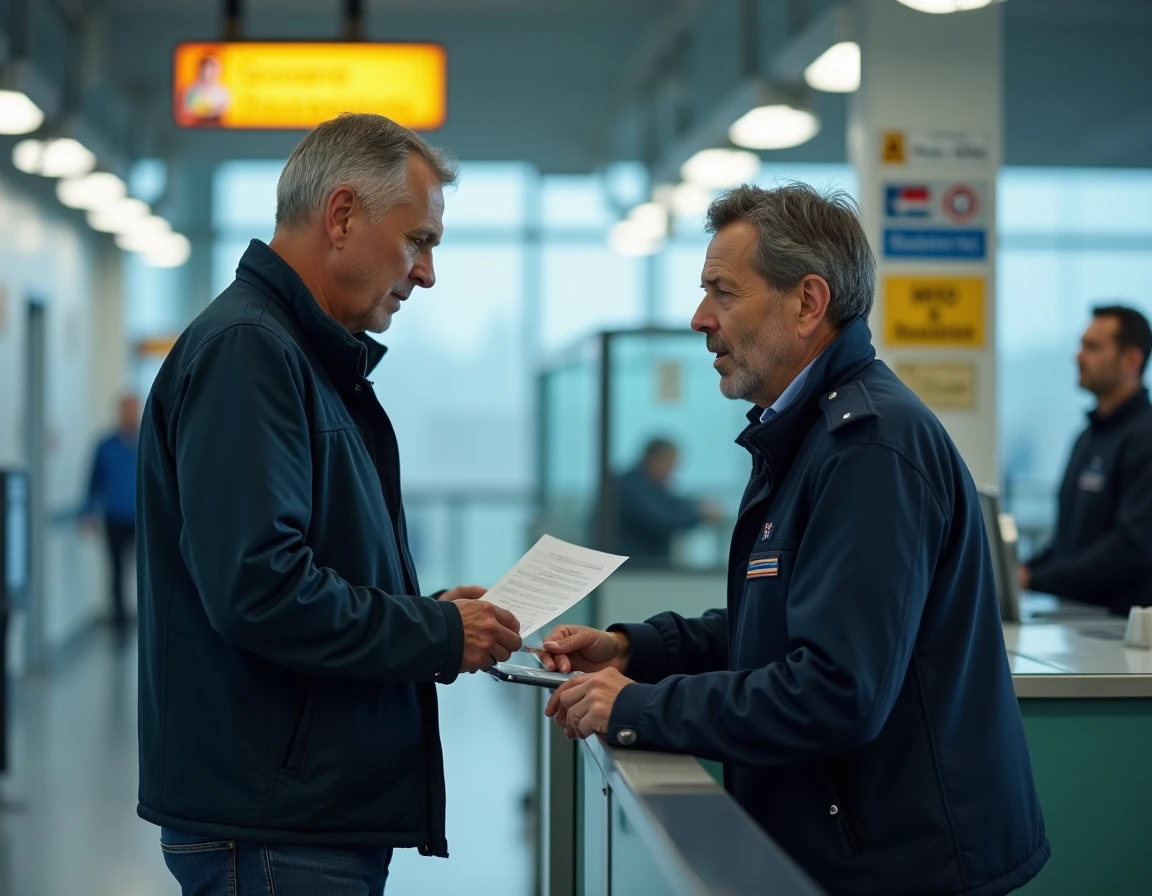 Voyageur présentant ses documents à un agent des douanes belges lors d'un contrôle frontalier