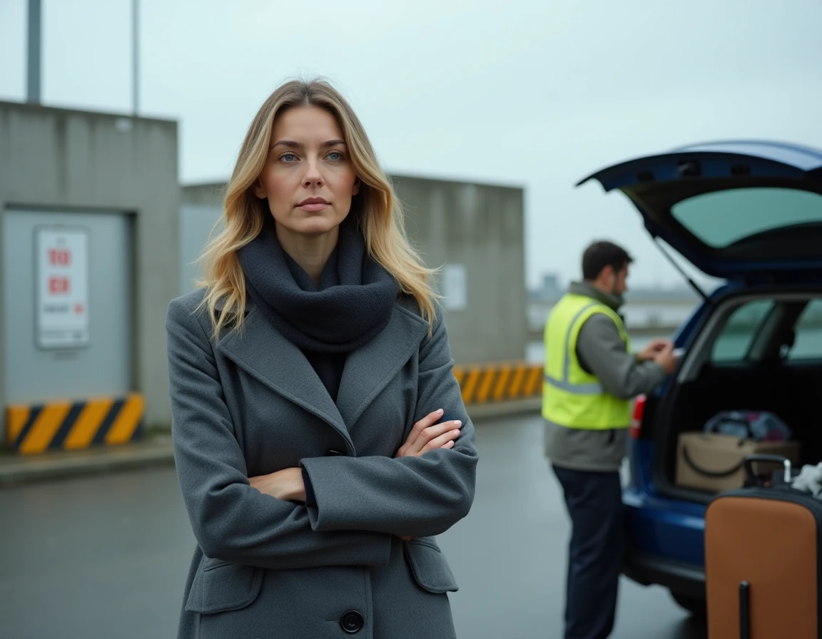 Femme au coffre de sa voiture contrôlée par un douanier belge à un poste frontière extérieur