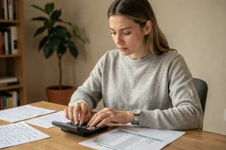 Femme concentrée convertissant des minutes en heures avec une calculatrice et une montre sur un bureau en bois
