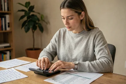 Femme concentrée convertissant des minutes en heures avec une calculatrice et une montre sur un bureau en bois