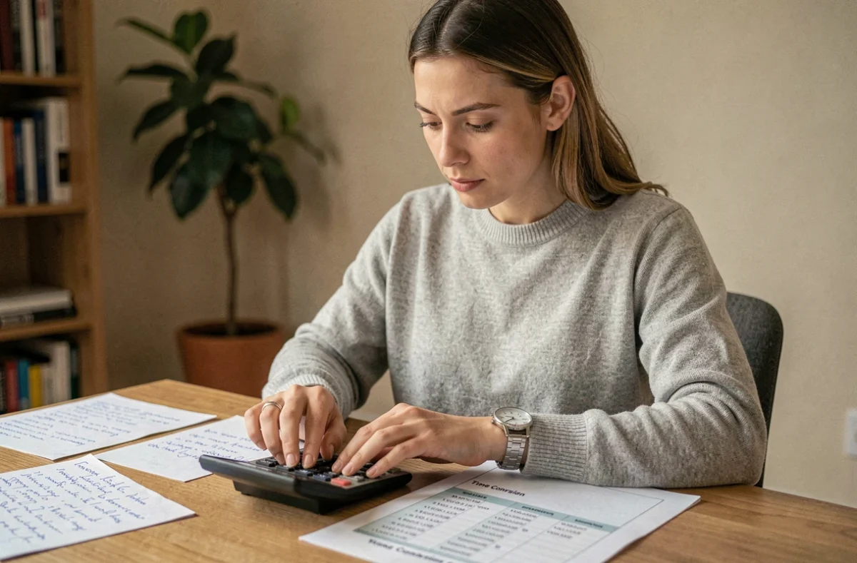 Femme concentrée convertissant des minutes en heures avec une calculatrice et une montre sur un bureau en bois