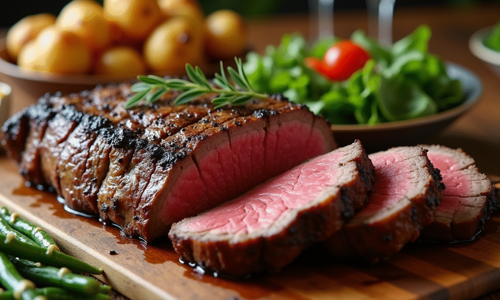 Côte de boeuf tranchée sur planche en bois avec légumes