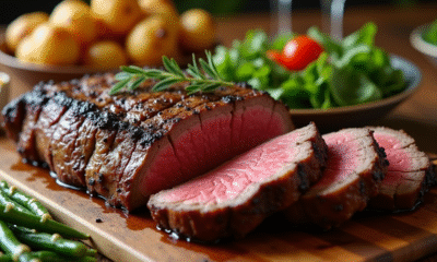 Côte de boeuf tranchée sur planche en bois avec légumes