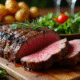 Côte de boeuf tranchée sur planche en bois avec légumes