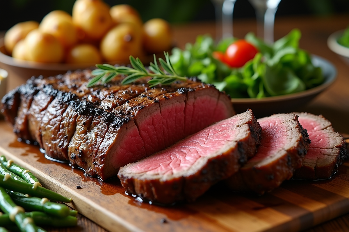 Côte de boeuf tranchée sur planche en bois avec légumes