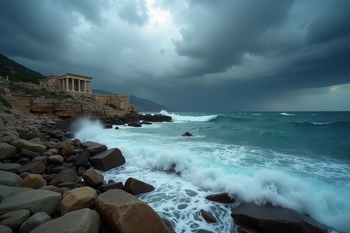 Côte grecque orageuse avec falaises calcaires, ruines antiques et vagues déferlantes de la mer Égée évoquant la fureur de Poséidon