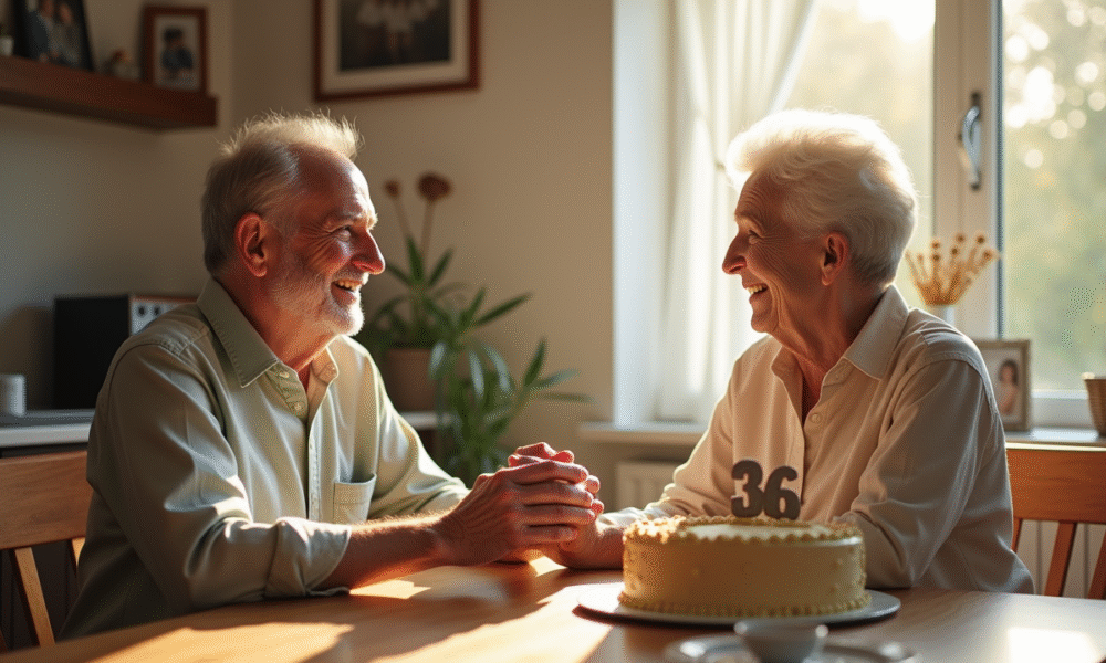Couple de soixante ans souriant à la table de cuisine