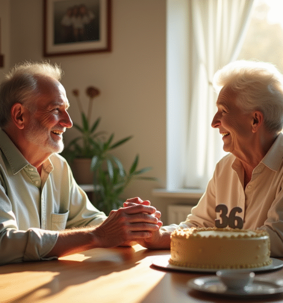 Couple de soixante ans souriant à la table de cuisine