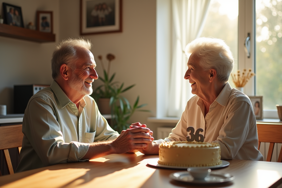 Couple de soixante ans souriant à la table de cuisine