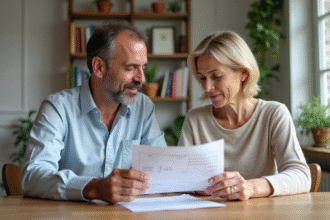 Couple français âgé étudiant des relevés d'épargne dans un appartement lumineux
