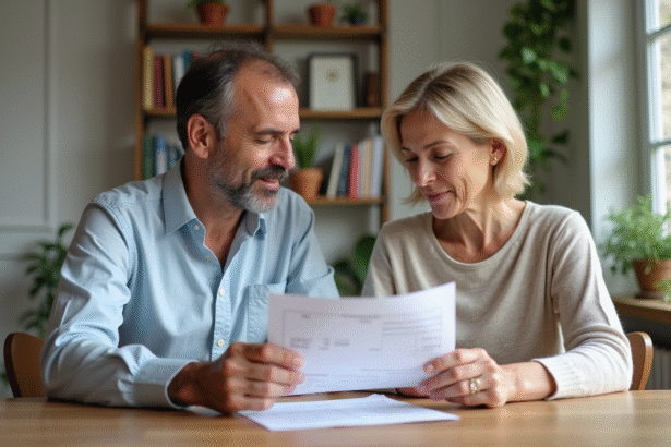 Couple français âgé étudiant des relevés d'épargne dans un appartement lumineux