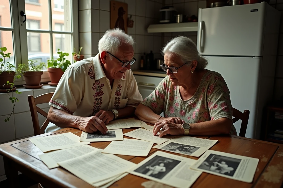 Couple latino âgé examinant de vieilles photographies et lettres familiales sur une table de cuisine dans un appartement de New York