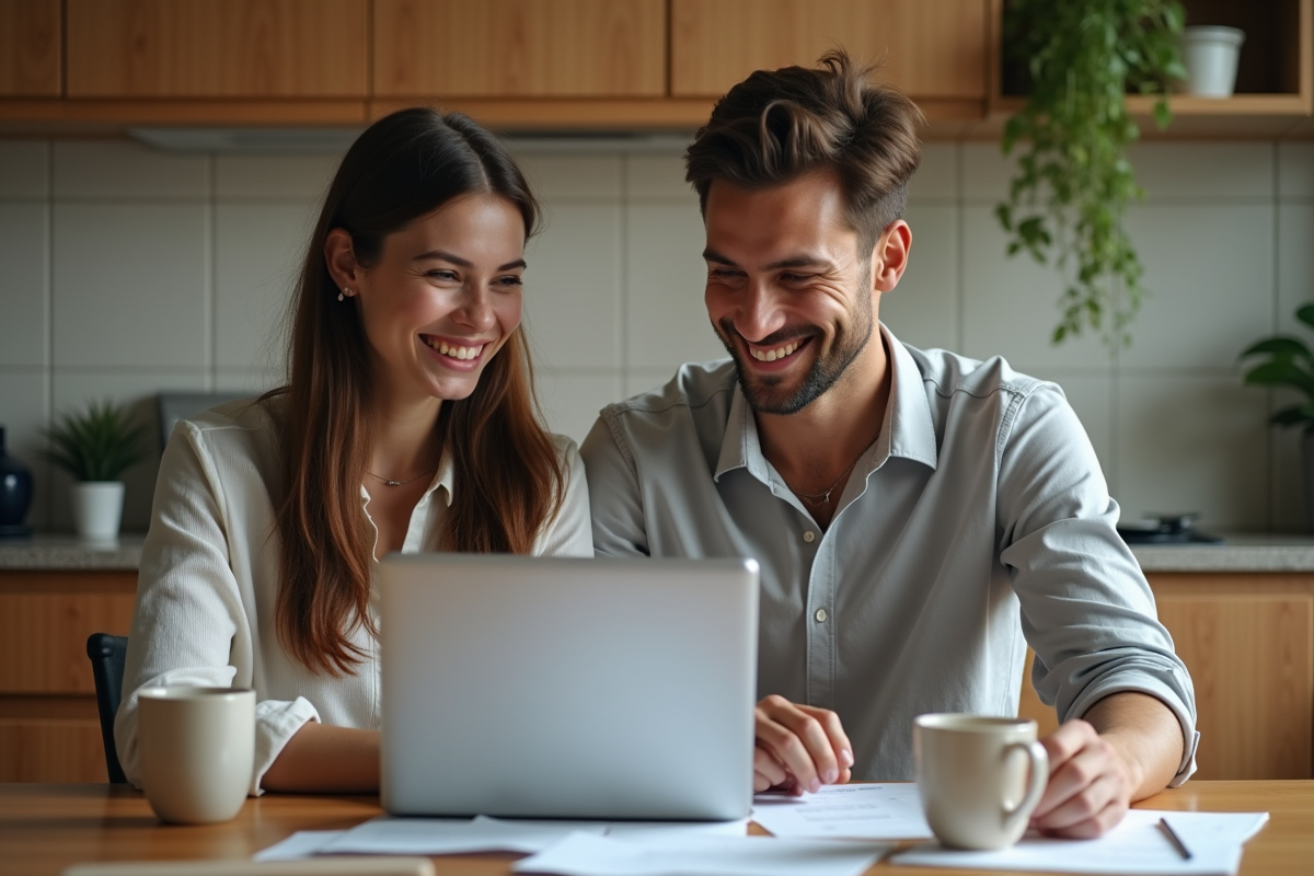 Jeune couple discutant de prêt immobilier à la maison