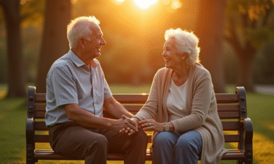 Couple senior souriant sur un banc en parc ensoleille