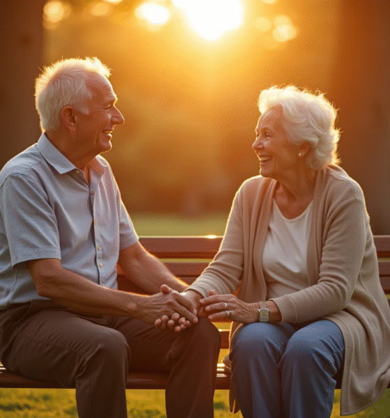 Couple senior souriant sur un banc en parc ensoleille