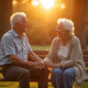 Couple senior souriant sur un banc en parc ensoleille