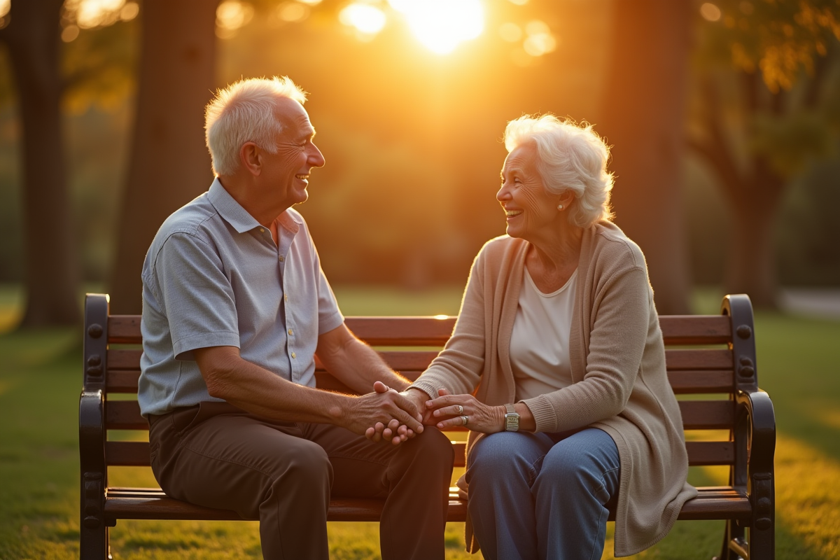 Couple senior souriant sur un banc en parc ensoleille