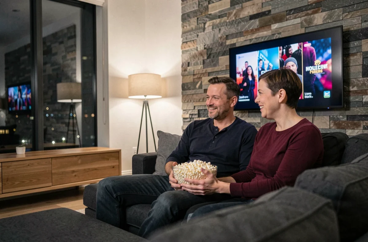 Couple regardant un film en soirée avec du popcorn devant leur télévision