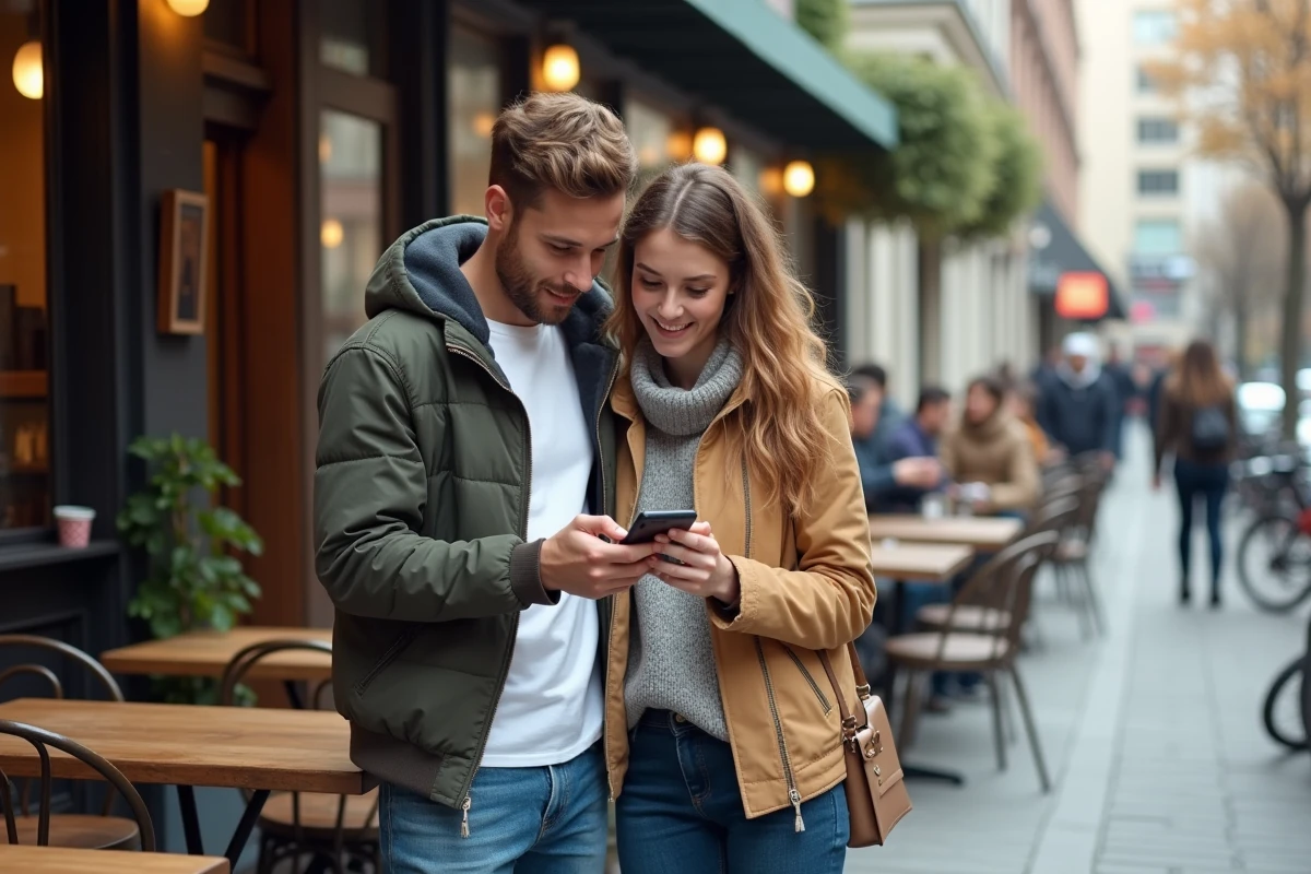 Jeune couple vérifiant des dates de voyage au café en extérieur