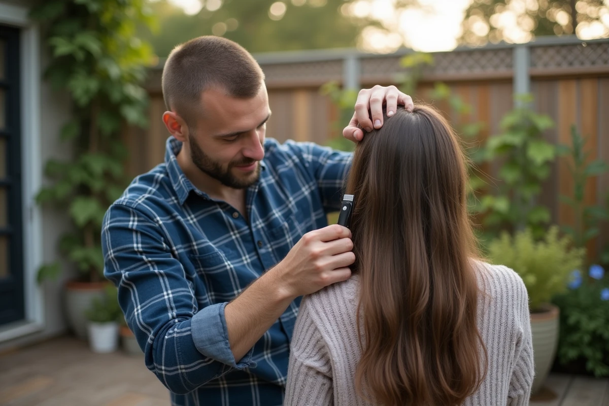 Homme coupant les cheveux de sa partenaire dans le jardin