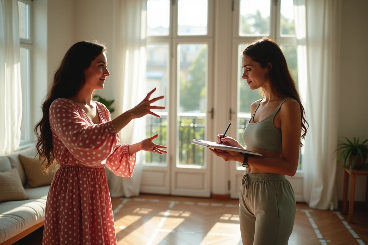 Deux femmes apprenant la danse flamenco espagnole à la maison, l'une en costume traditionnel à pois enseignant les floreos