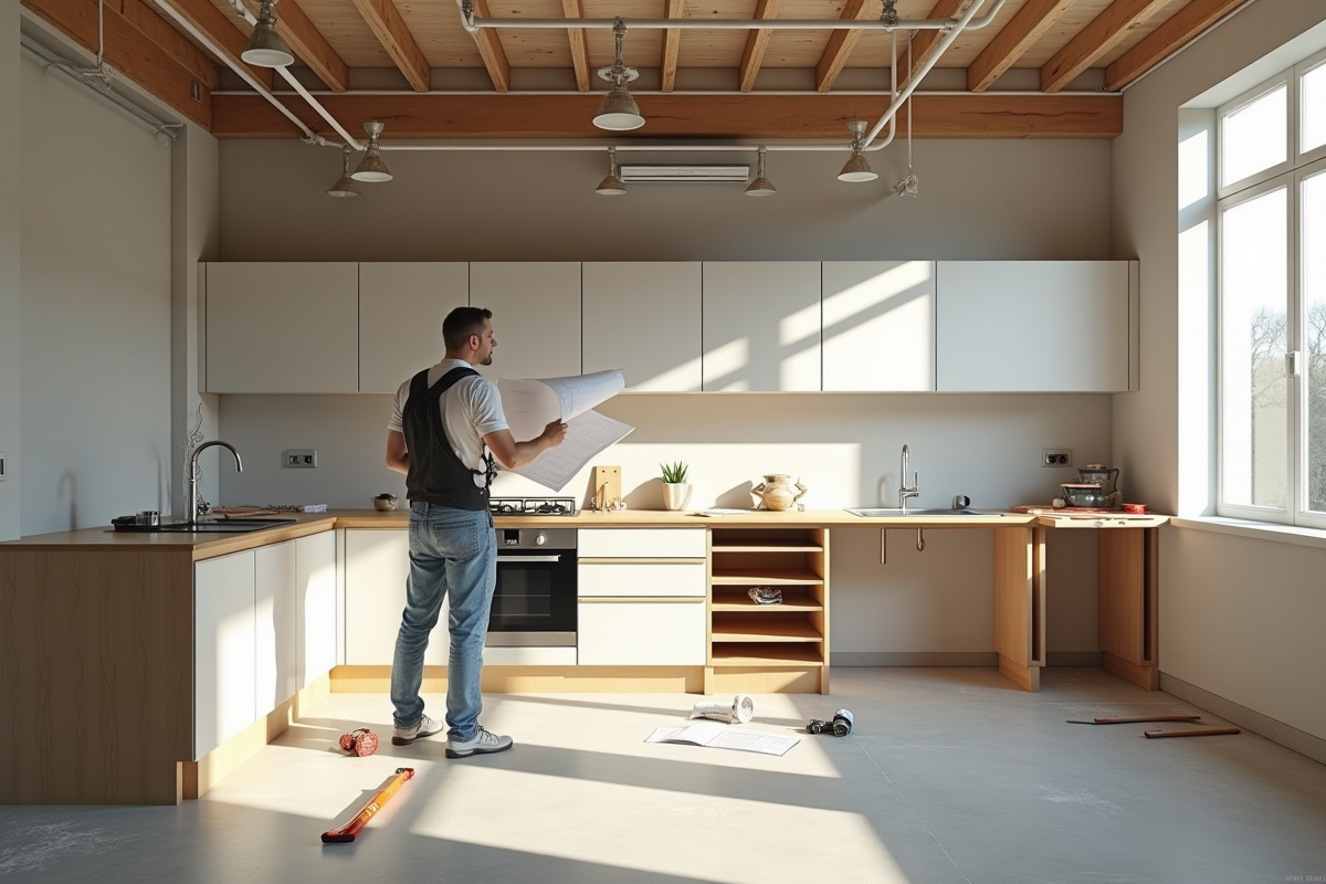 Cuisine en rénovation avec outils et fils exposés