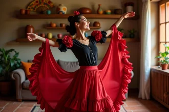 Femme en robe flamenco rouge pratiquant la danse espagnole traditionnelle dans un salon décoré à l'espagnole