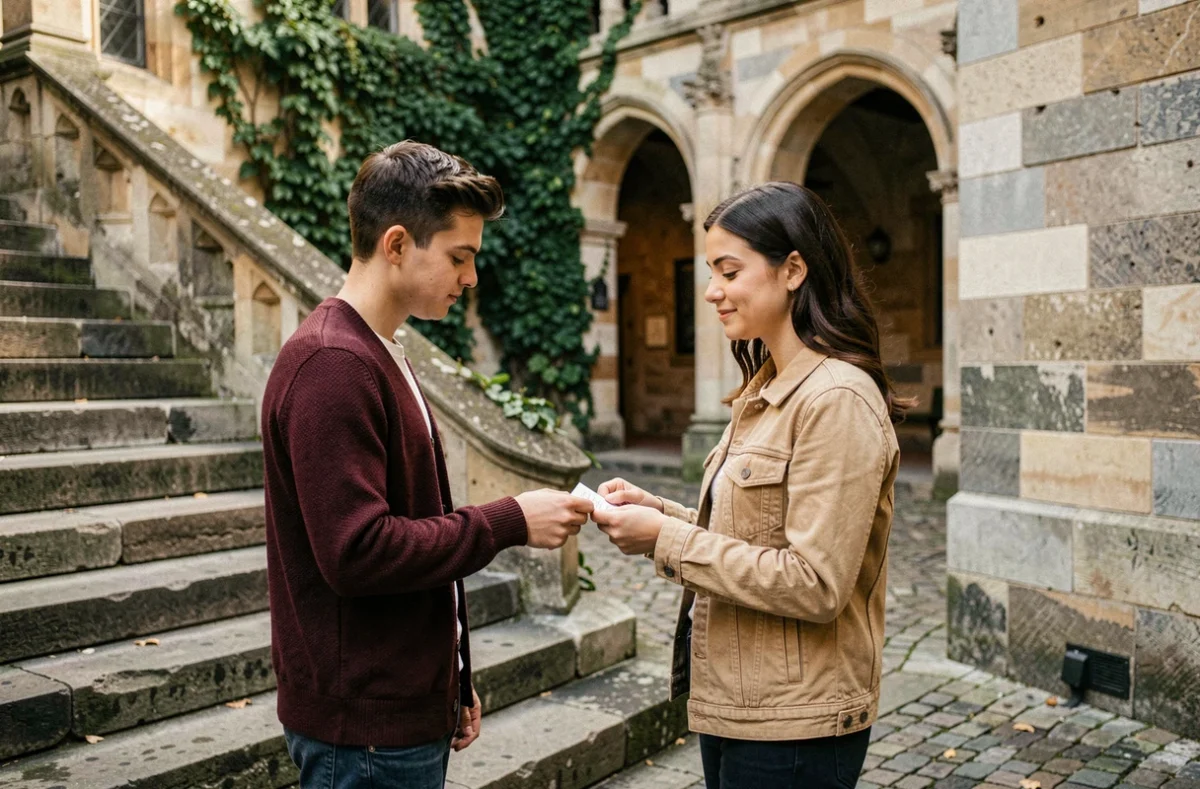Jeune homme timide remettant une note manuscrite à une femme dans une cour universitaire, scène d'amour courtois et romantique