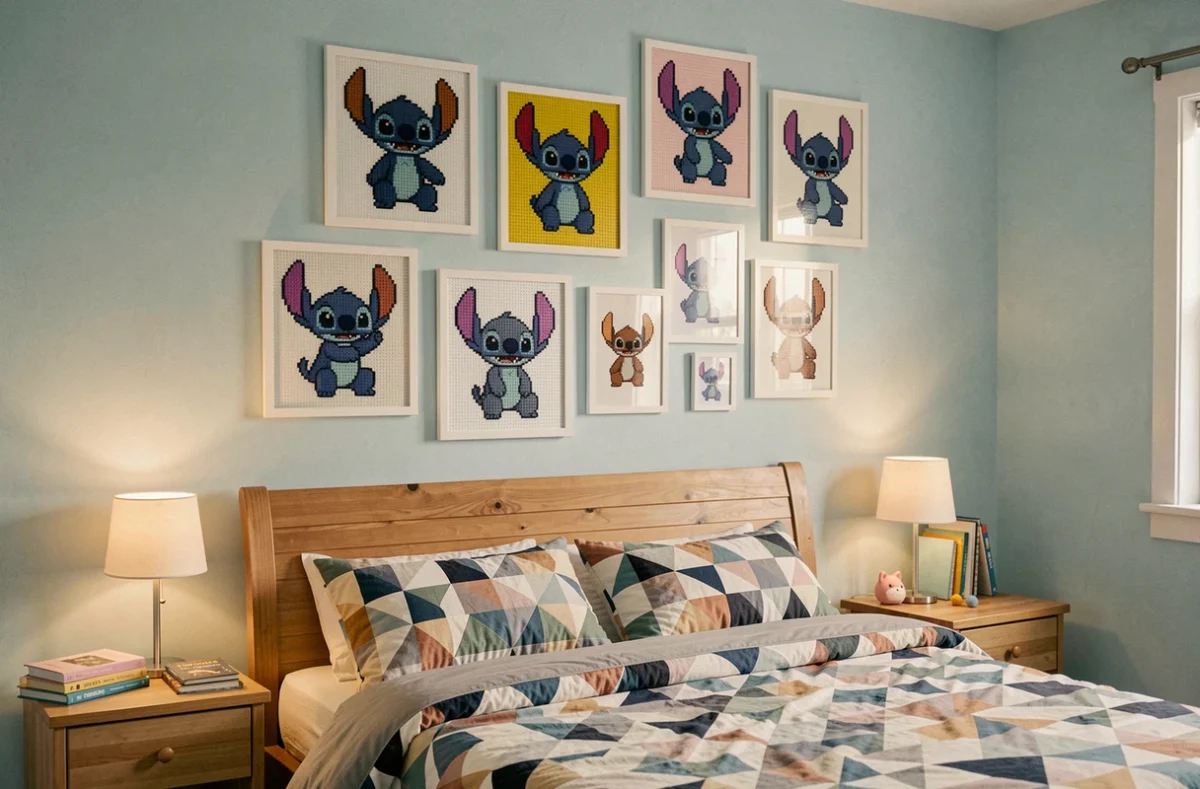 Décorations murales en perles à repasser Stitch encadrées dans une chambre d'adolescent