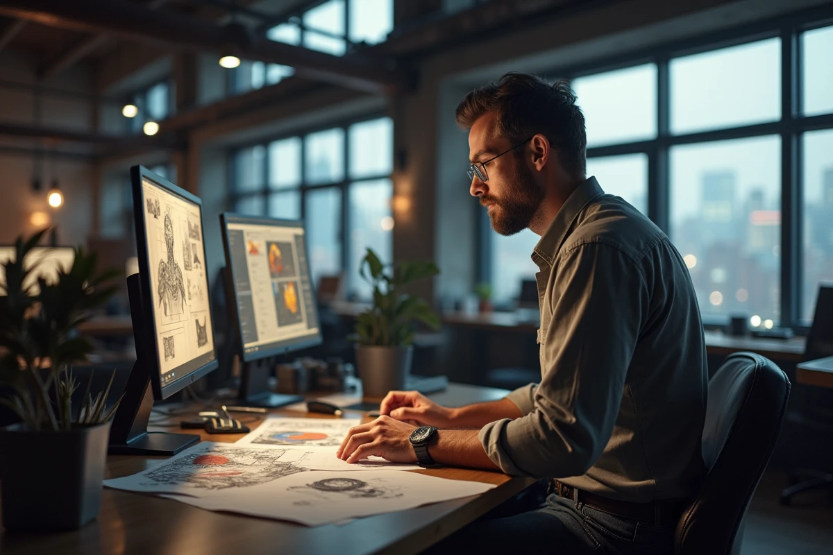 Designer de jeux vidéo analysant des esquisses dans un studio