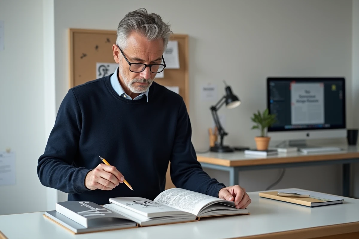 Designer graphique comparant la première et la quatrième de couverture d'un livre autoédité dans un studio minimaliste