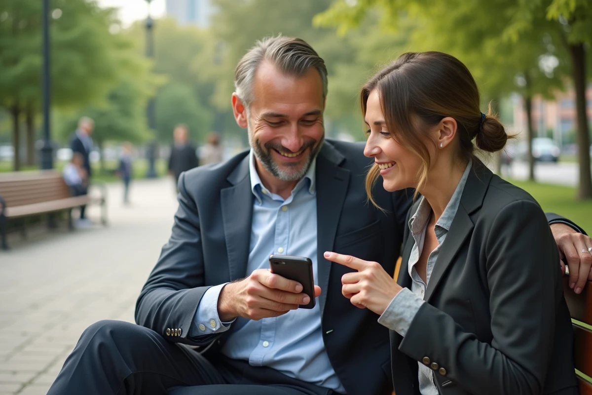 Deux adultes consultant ensemble les paramètres de sécurité d'une application de rencontre sur mobile dans un parc urbain