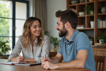 Femme et jeune homme discutent à table en famille