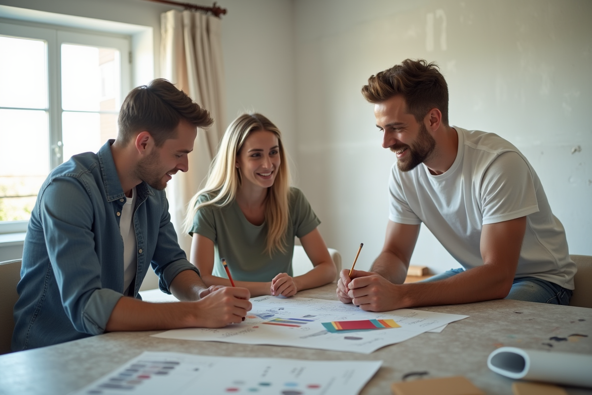 Jeune couple discutant avec architecte dans salon lumineux