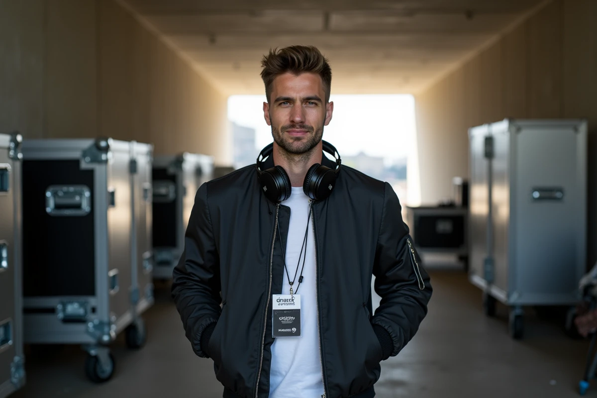 DJ français en coulisses d'un grand festival international, pass artiste et équipement de tournée visibles