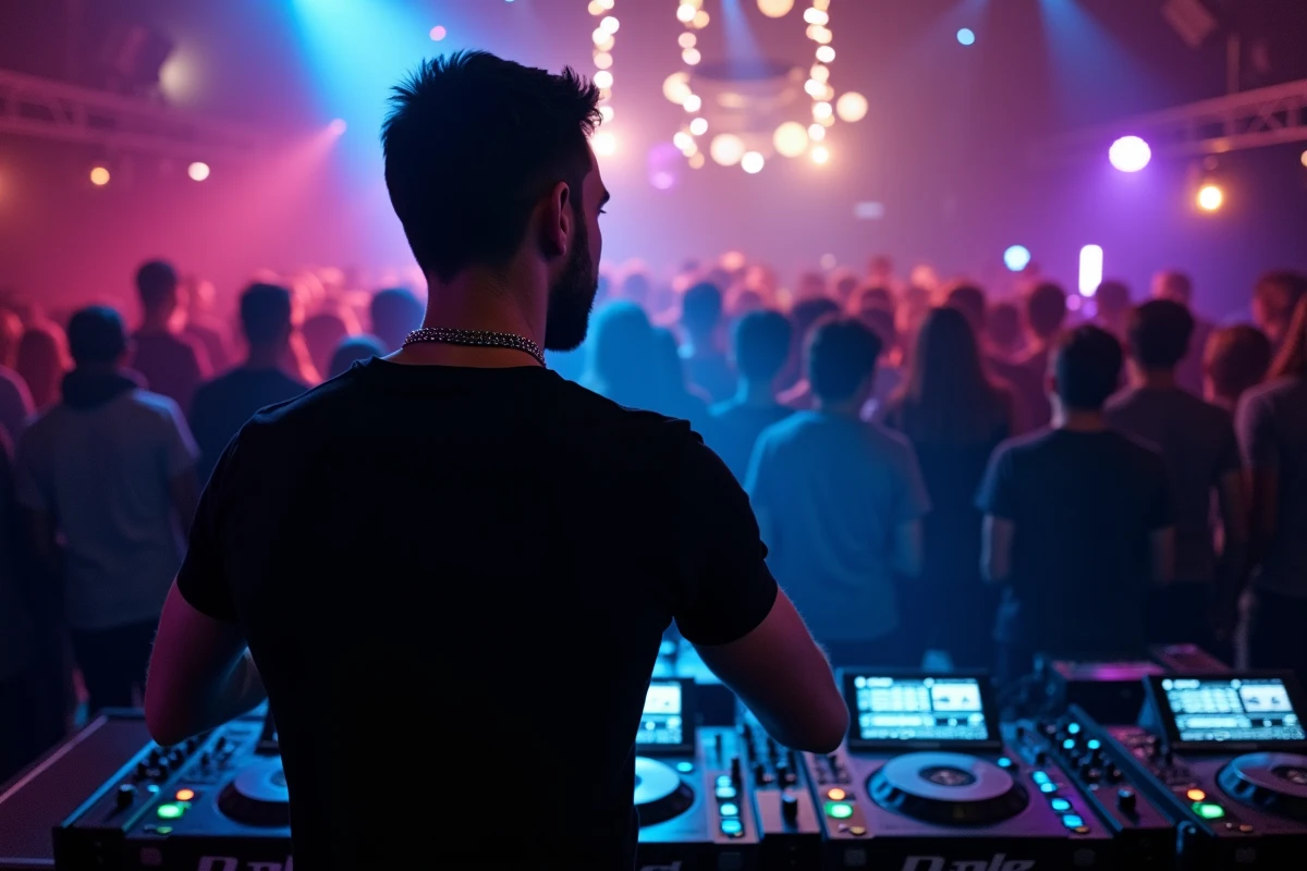 DJ français derrière ses platines dans un club parisien underground, ambiance tamisée et foule en arrière-plan