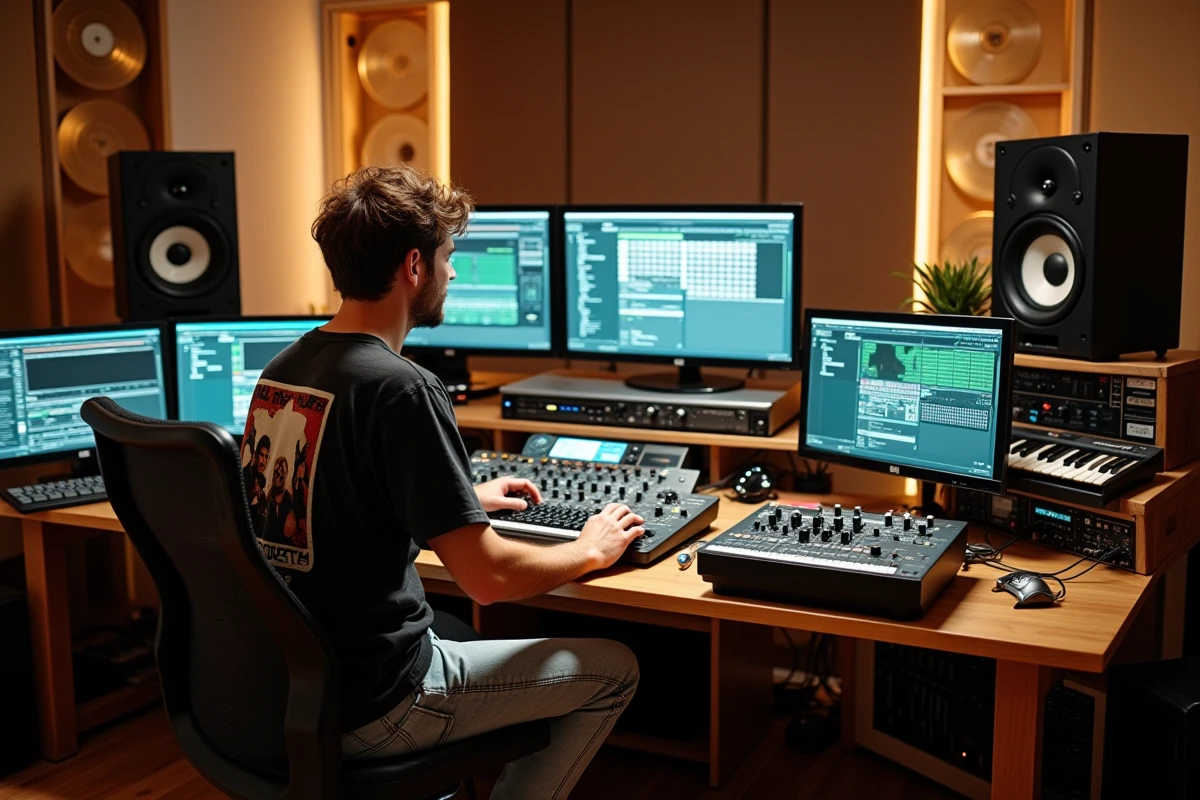 DJ producteur français dans un studio d'enregistrement parisien avec matériel de production musicale professionnel