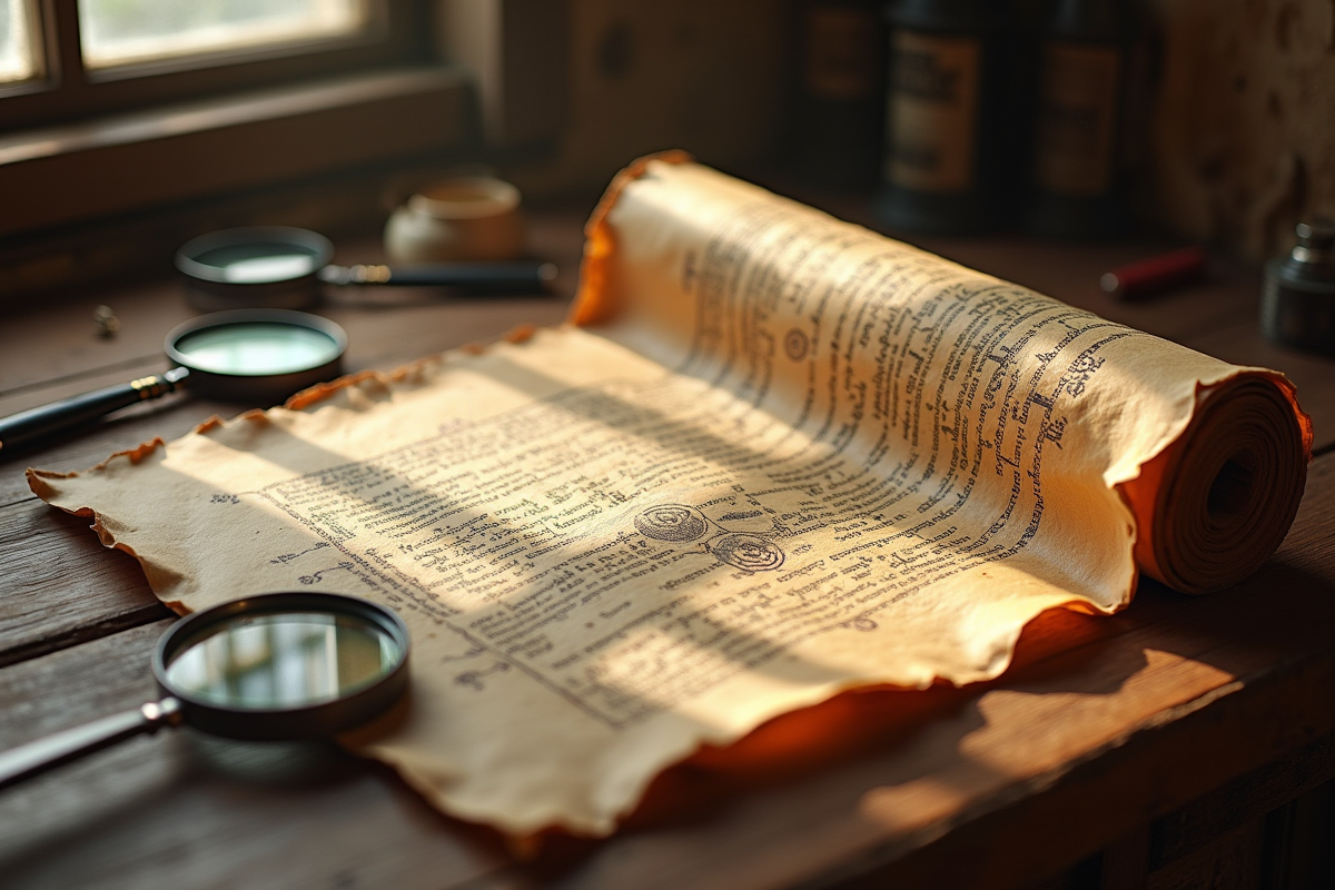 Document ancien P1351 sur une table en bois avec loupes