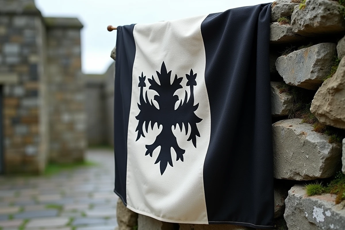 Drapeau breton avec motif hermine en détail sur mur de granit breton, fond de cour en pierre