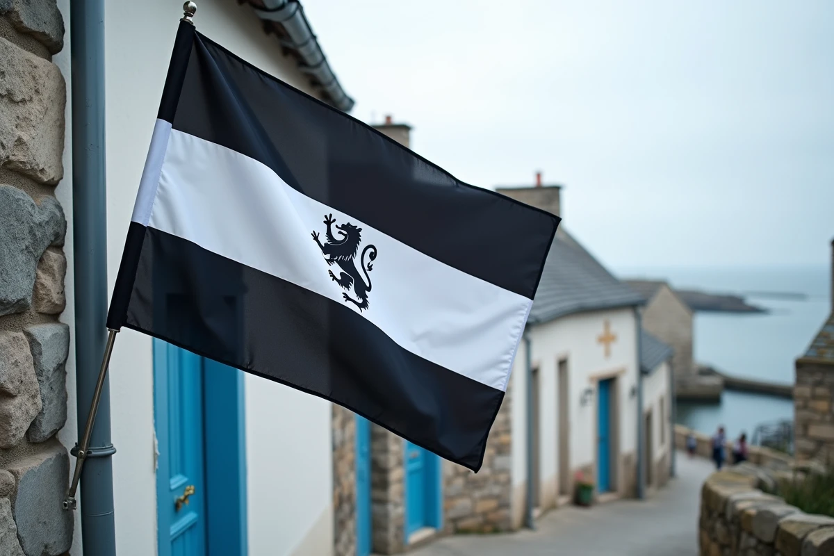 Drapeau breton gwenn-ha-du avec motif hermine sur façade de village côtier breton, port en arrière-plan
