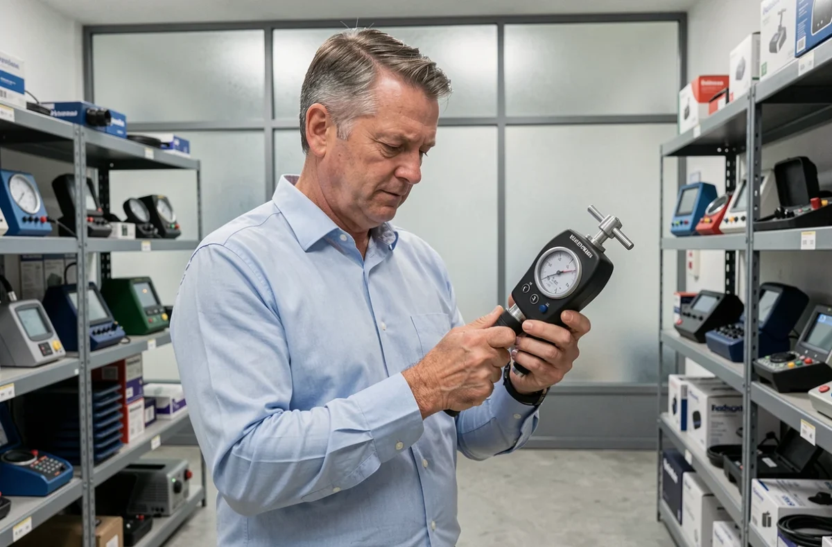 Homme tenant un dynamomètre dans un showroom de matériel de mesure industriel