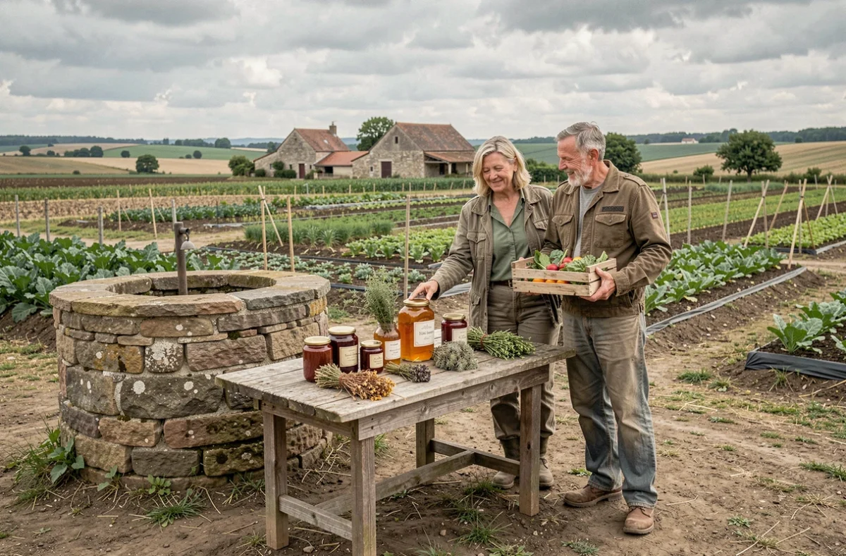 Couple d'agriculteurs de l'EARL de la Fontaine Sainte-Colombe à Saint-Mars-Vieux-Maisons présentant leurs produits bio artisanaux