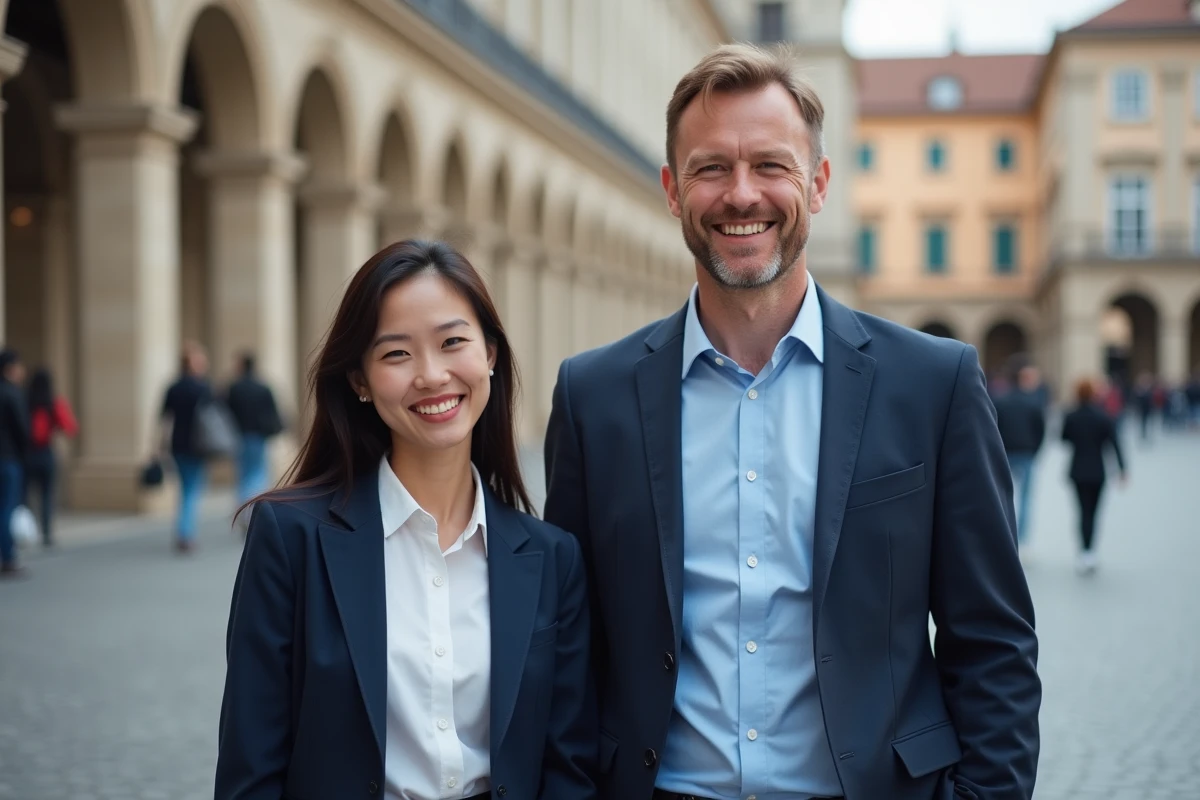 Homme grand d'origine européenne et femme plus petite d'origine asiatique illustrant l'écart de taille moyenne entre continents