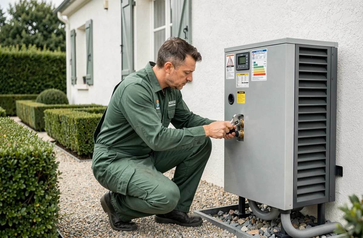 Plombier spécialiste des solutions énergétiques d'Ecofluide Energie ajustant une pompe à chaleur extérieure sur une maison résidentielle en Indre-et-Loire